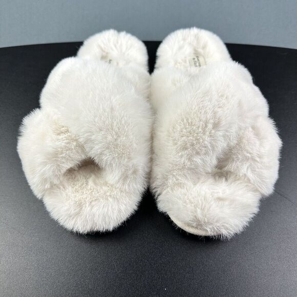 Abercrombie Fitch Faux Fur Slippers Size M/L Criss Cross Slip On Open Toe Shoes* - Picture 3 of 13